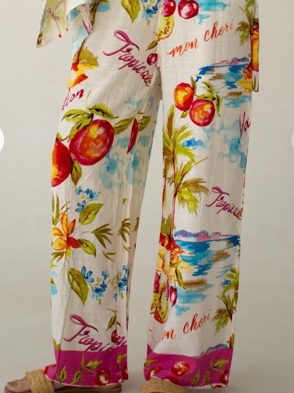 Tropical Vacation Elastic Waist Linen Blend Wide Leg Pants Sz XL